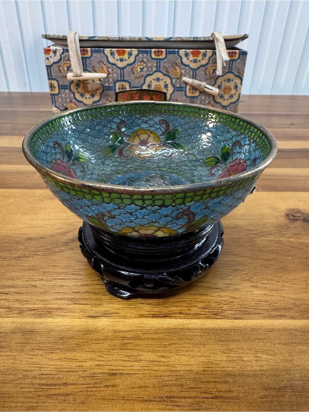 Vintage Chinese Plique-a-Jour Cloisonne Enamel Bowl Translucent Floral Box